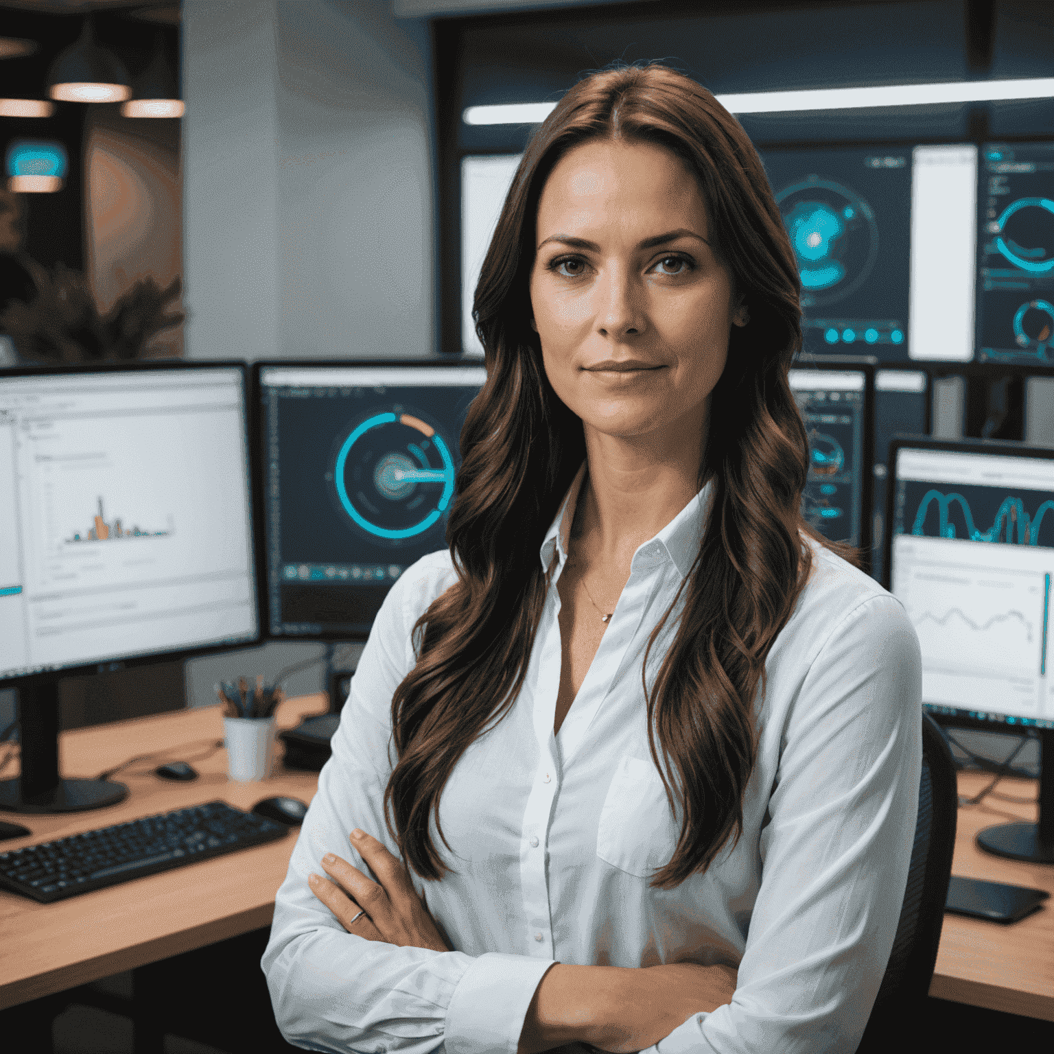 Portret van Lisa Bakker, CTO van TorqueFusion. Een jonge vrouw met lang donker haar, casual gekleed in een wit overhemd, zittend aan een bureau met computermonitors op de achtergrond die geavanceerde diagnostische software tonen.