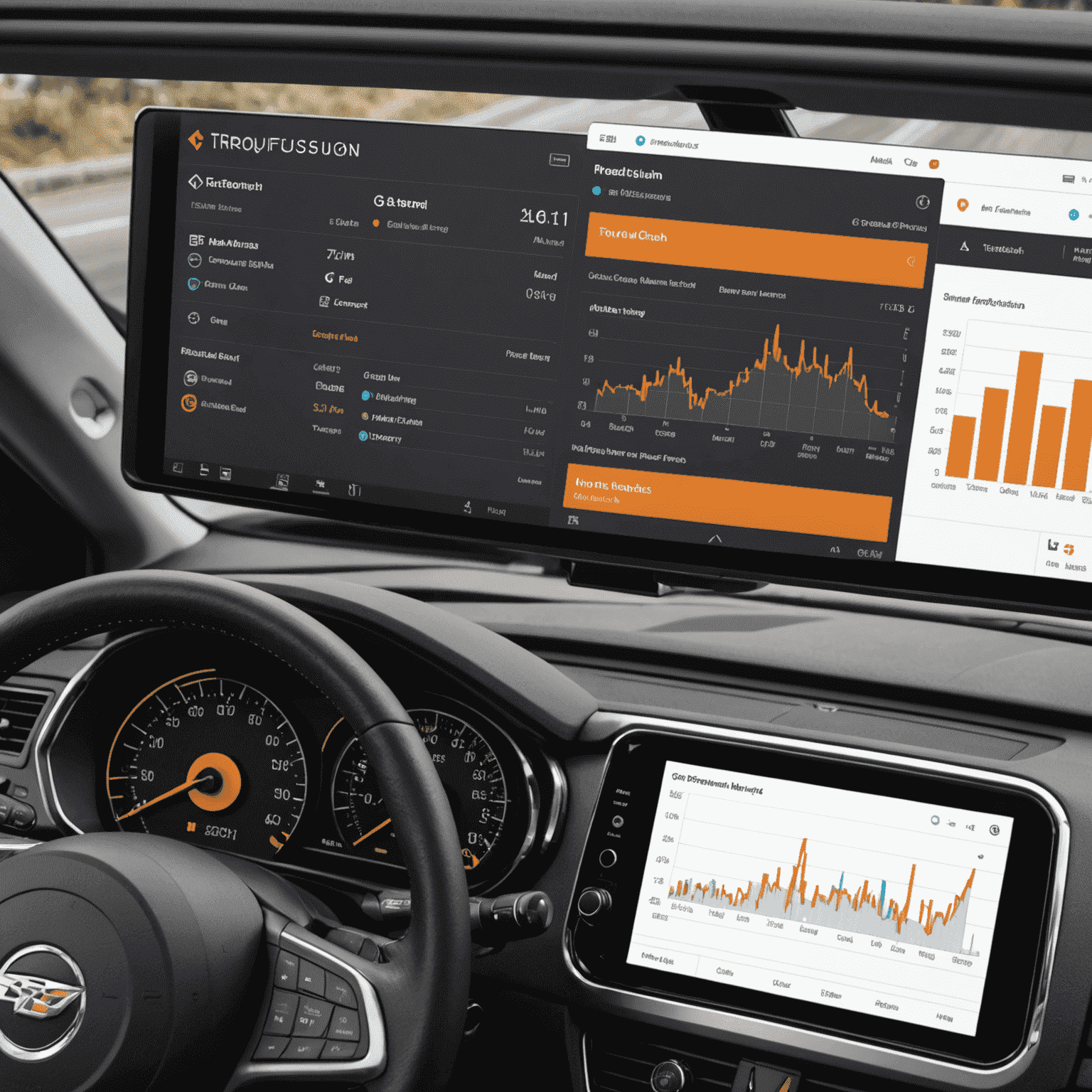 Een dashboard met geavanceerde grafieken en voorspellende analyses voor vlootbeheer, met TorqueFusion's logo prominent aanwezig