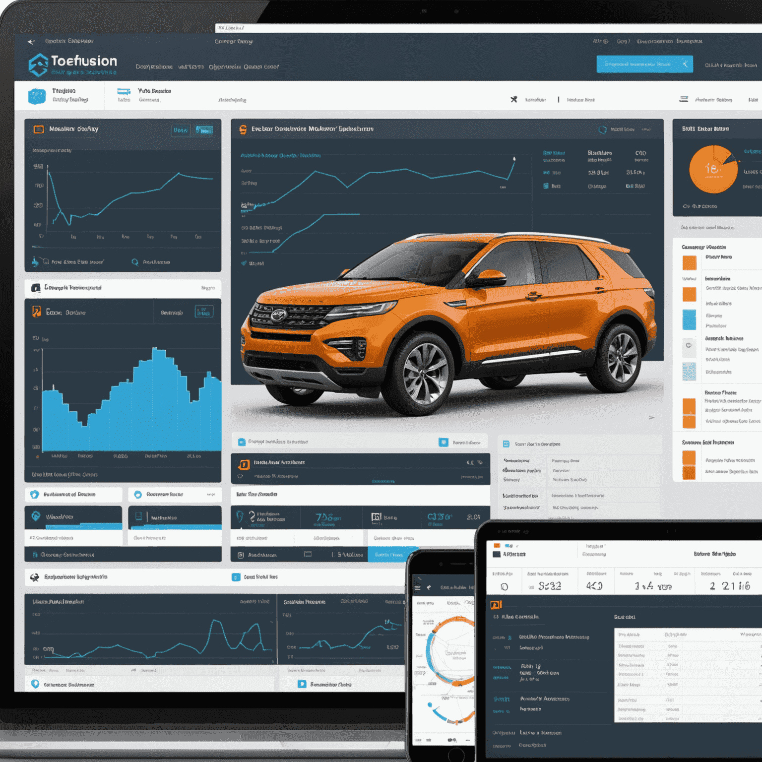 Een schermafbeelding van TorqueFusion's geavanceerde software voor vlootbeheer, met grafieken en diagrammen die onderhoudsschema's en voertuigprestaties weergeven