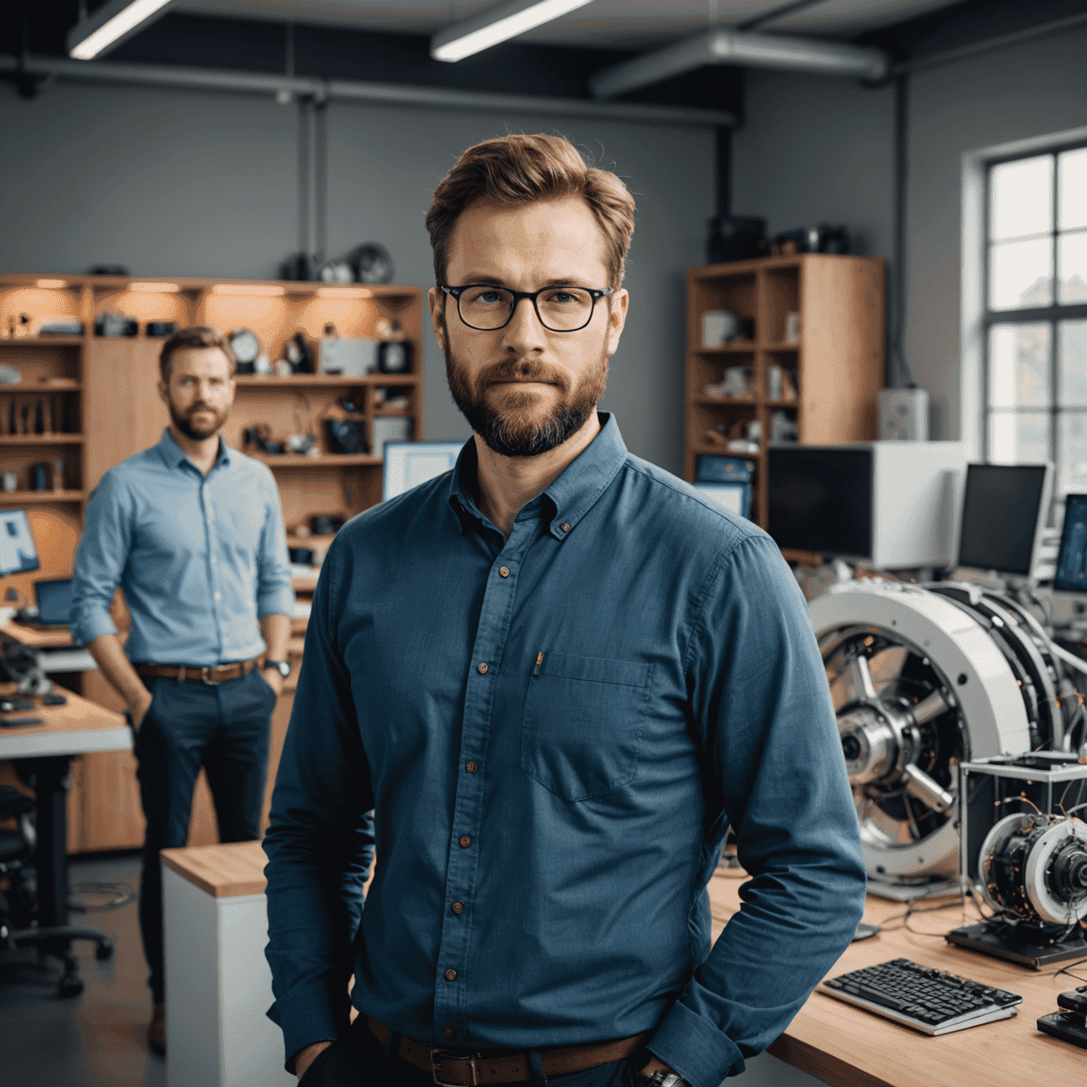 Portret van Pieter Jansen, Hoofd Innovatie bij TorqueFusion. Een man van begin 30 met een baard en een casual zakelijke outfit, staand in een innovatielab omringd door prototypes van slimme onderhoudstechnologieën.