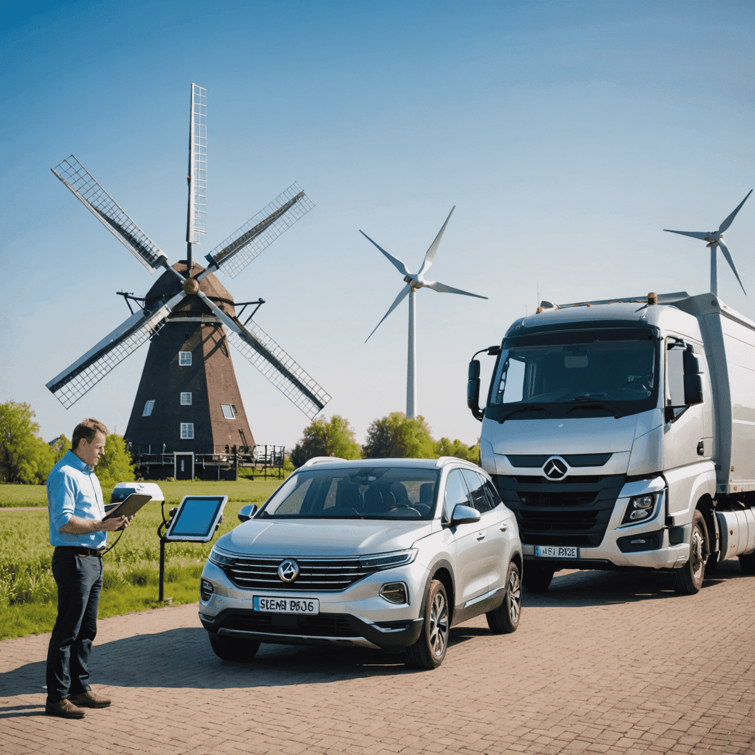 Een Nederlandse windmolen op de voorgrond met een vloot van hybride en elektrische bedrijfsvoertuigen op de achtergrond. Een technicus inspecteert een voertuig met een tablet in de hand, waarbij duurzame technologie wordt benadrukt.