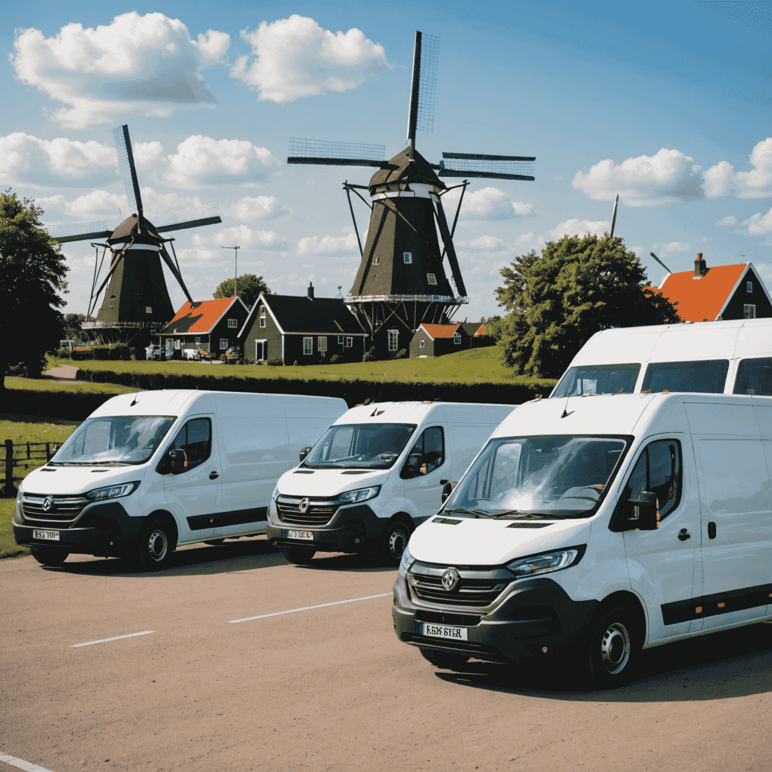 Een Nederlandse windmolen op de achtergrond met een rij elektrische bedrijfsvoertuigen op de voorgrond, die TorqueFusion's duurzame aanpak symboliseren